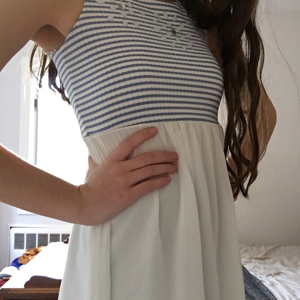 Blue Striped Dress with Flower Design